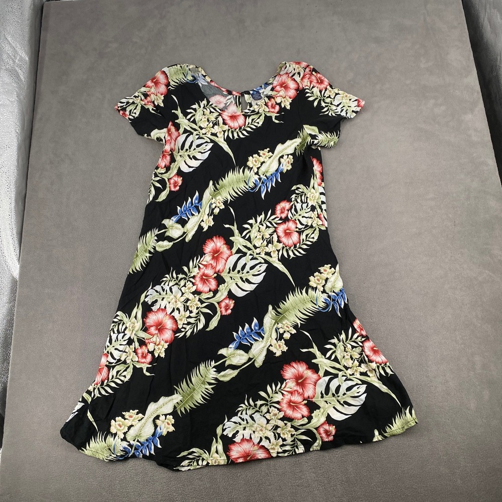 Hibiscus Collection Hawaii Tropical Floral Rayon Dress Black Red XL Short Sleeve